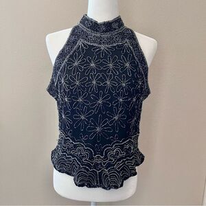 Papell Boutique Evening Beaded Formal Halter Top Black Silver Silk Flowers Large